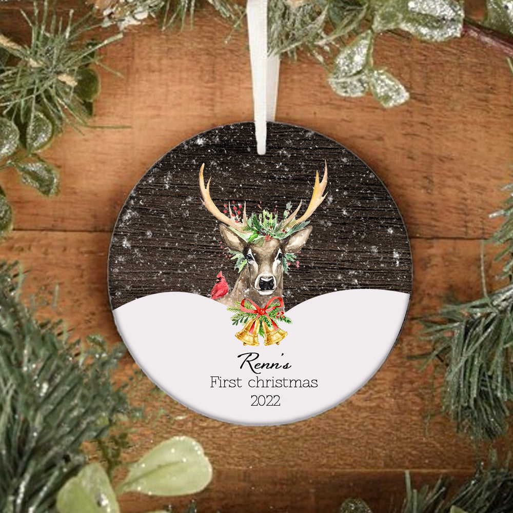 Personalized First Christmas Reindeer Circle Ornament