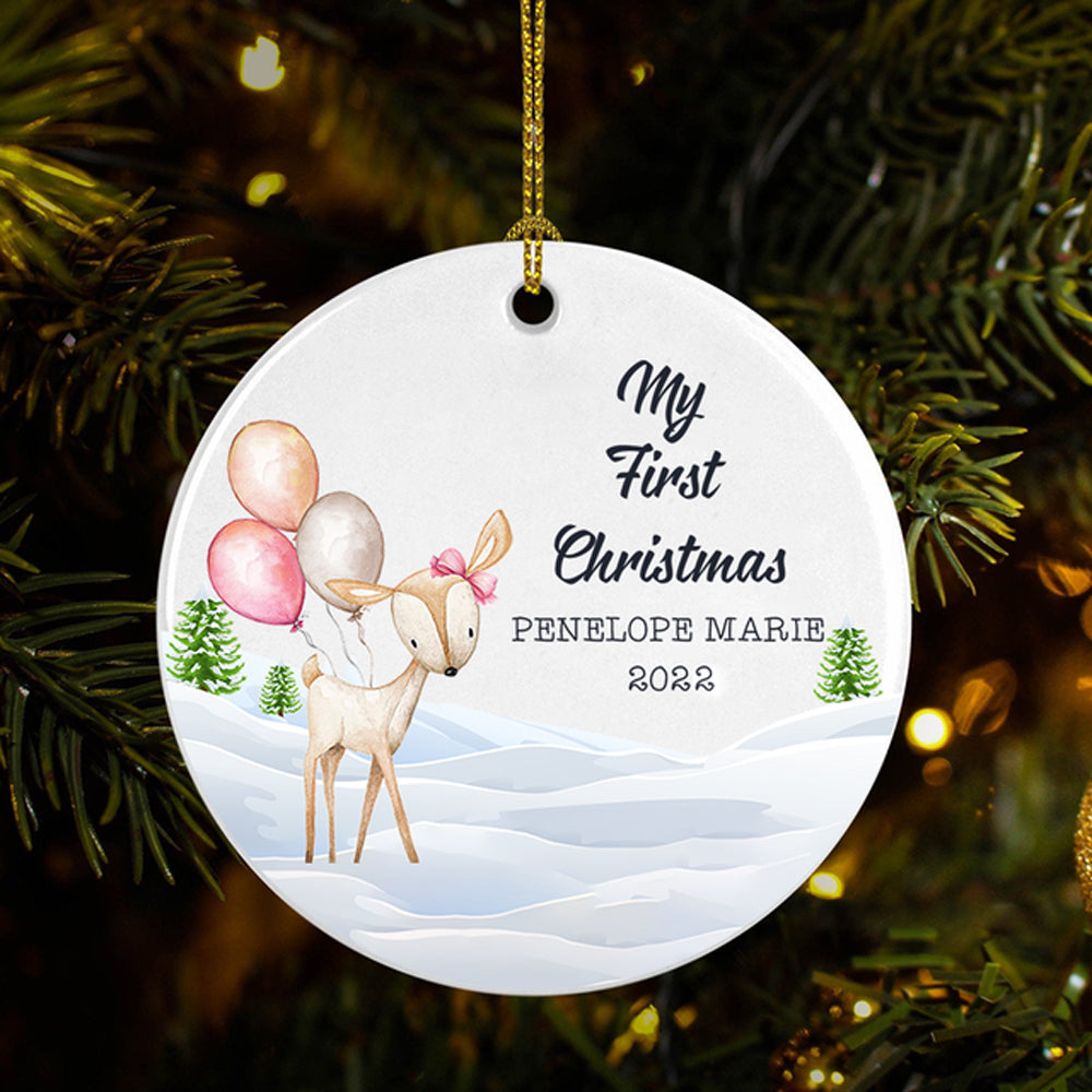 Personalized My First Christmas Baby Deer Circle Ornament