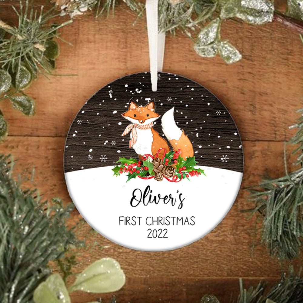 Personalized First Christmas Red Fox In Snow Circle Ornament