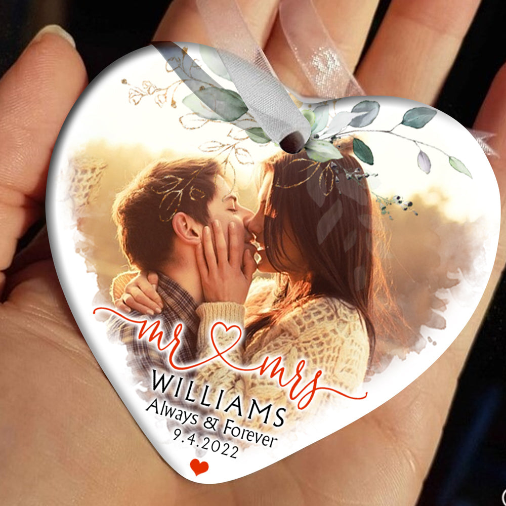 Personalized Our First Christmas As Mr And Mrs Married Photo Heart Ornament