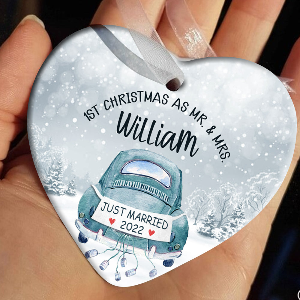 Personalized Gift For Couple First Christmas As Mr & Mrs Just Married Christmas Heart Ornament