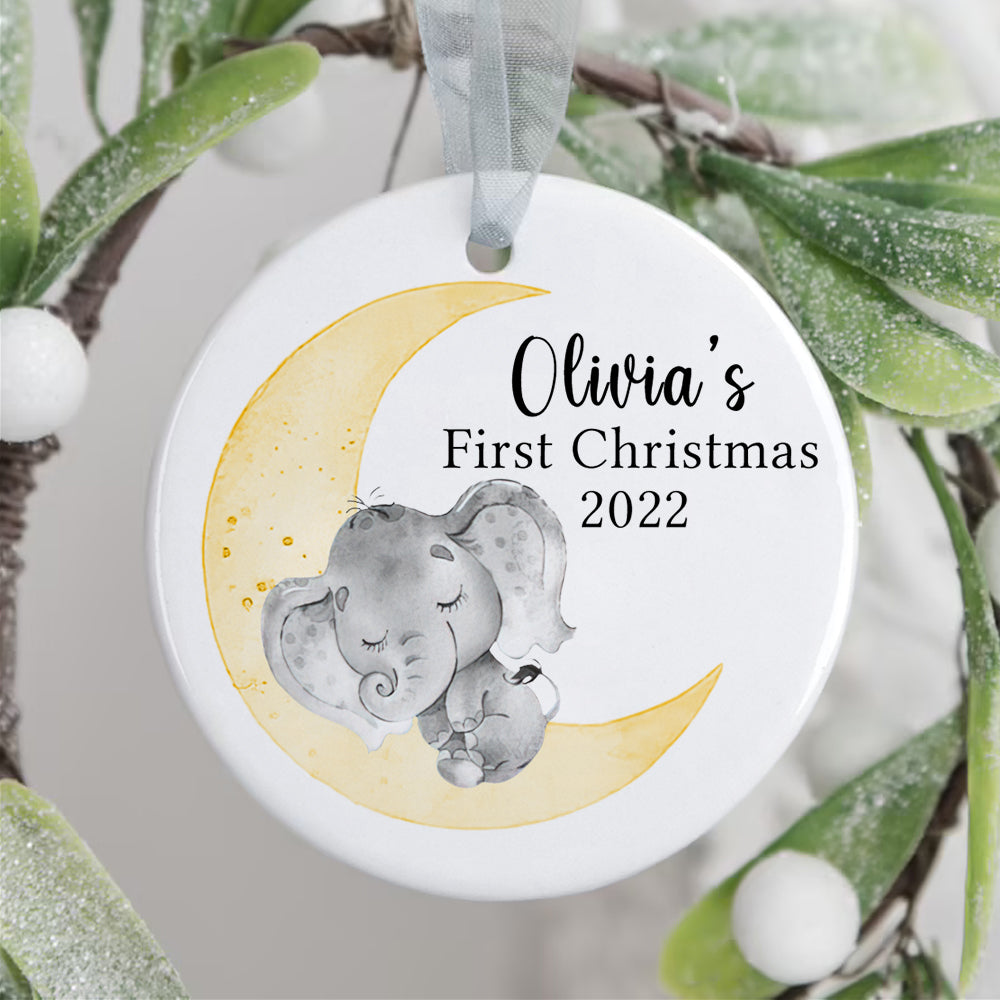 Personalized Baby's First Christmas Moon Baby Elephant Sleep Ornament