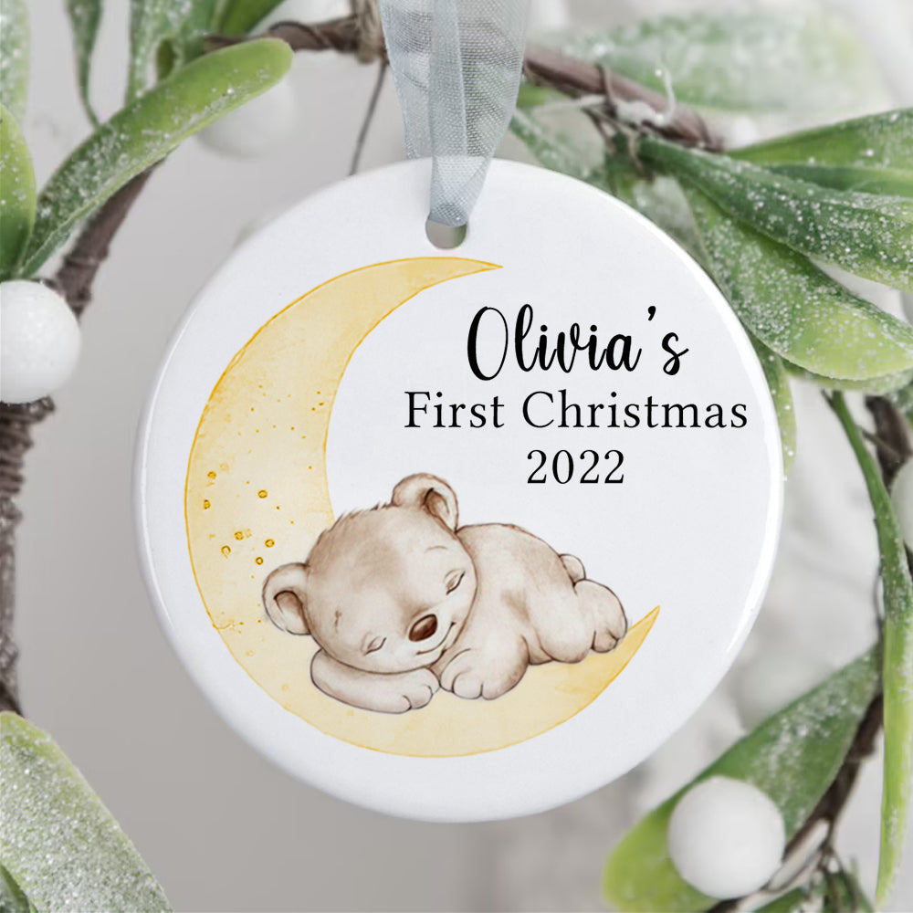 Personalized Baby's First Christmas Moon Baby Bear Sleep Ornament