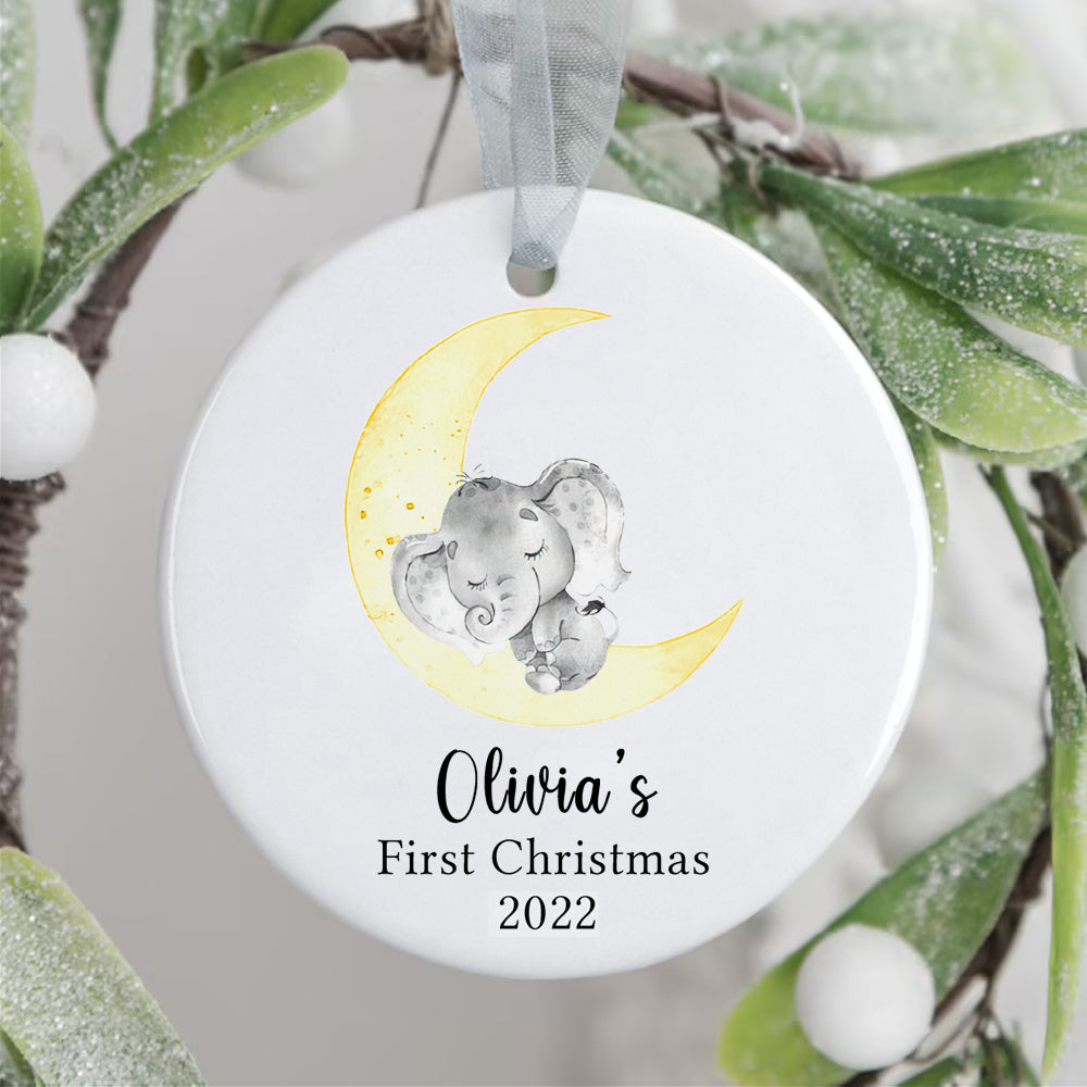 Personalized Baby's First Christmas Moon Elephant Sleep Ornament