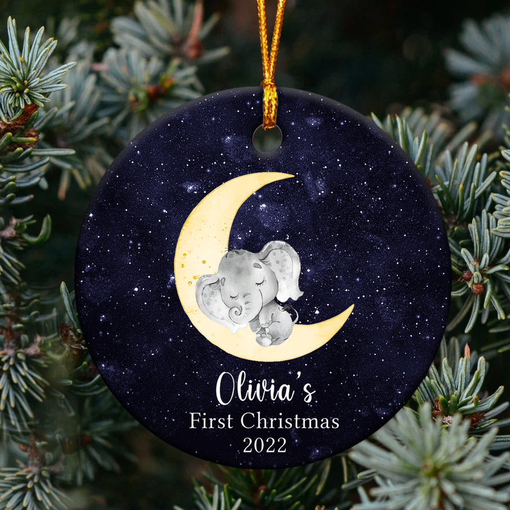 Personalized Baby's First Christmas Moon Elephant Sleep At Night Ornament
