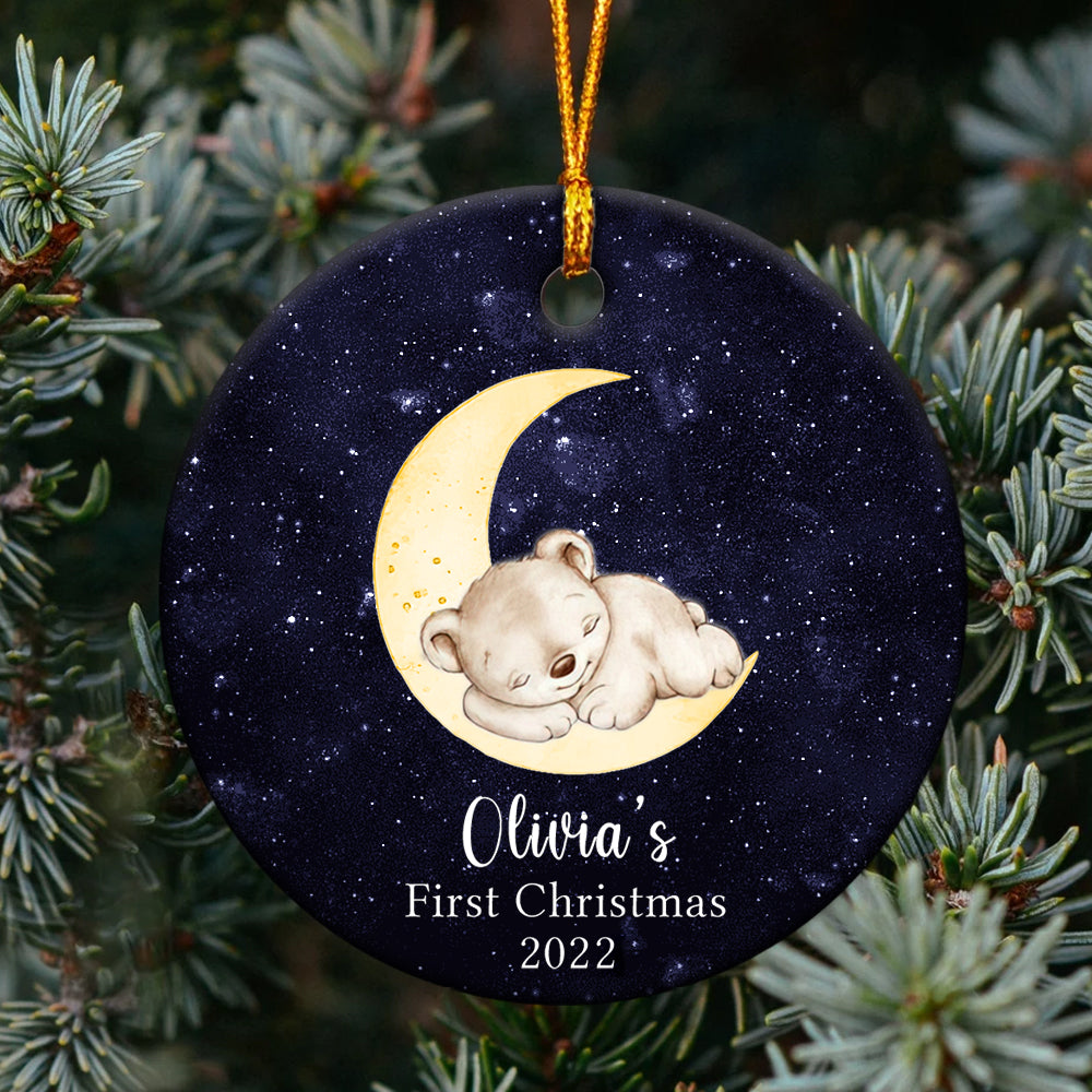 Personalized Baby's First Christmas Moon Bear Sleep At Night Ornament