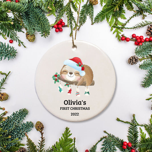 Personalized Baby's First Christmas Watercolor Sloth Ornament