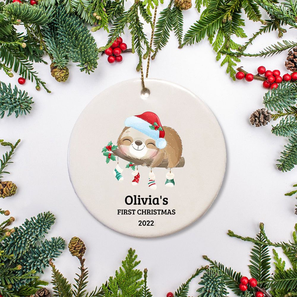 Personalized Baby's First Christmas Watercolor Sloth Ornament