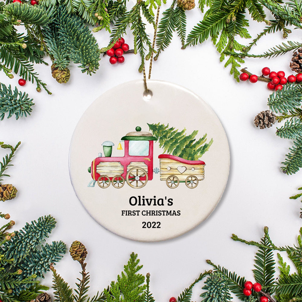 Personalized Baby's First Christmas Watercolor Train Ornament