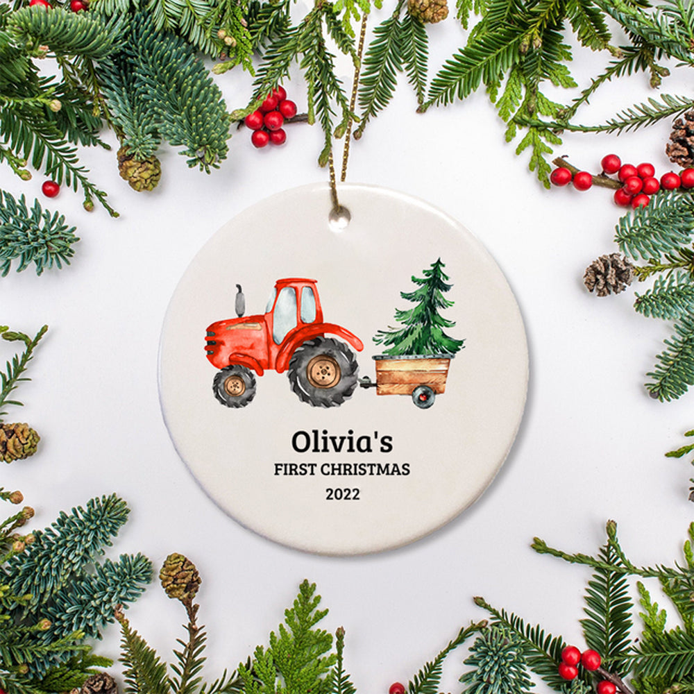 Personalized Baby's First Christmas Watercolor Tracktor Ornament