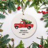 Personalized Baby&#39;s First Christmas Watercolor Red Truck Ornament