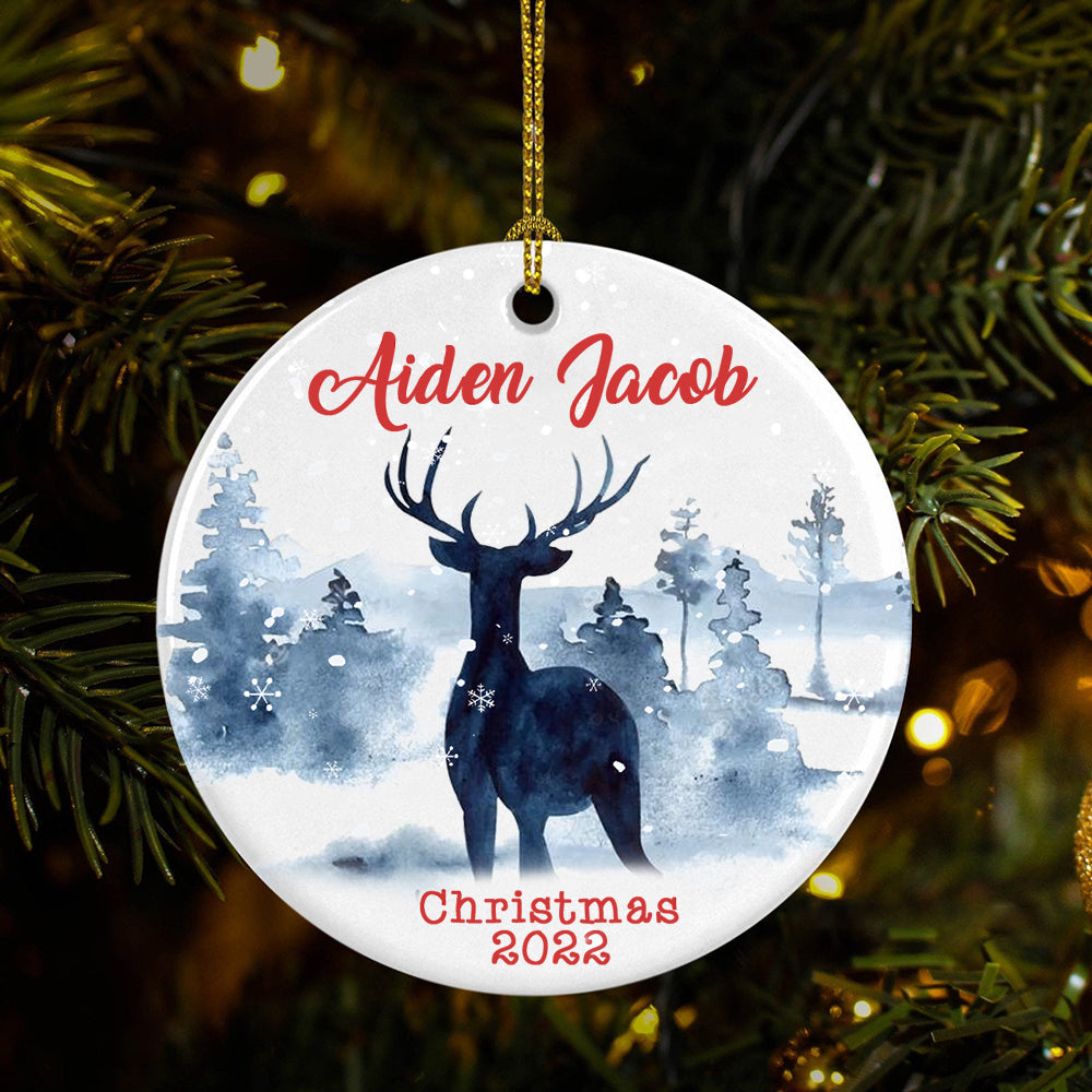 Personalized Deer In Snow Forest Christmas Circle Ornament