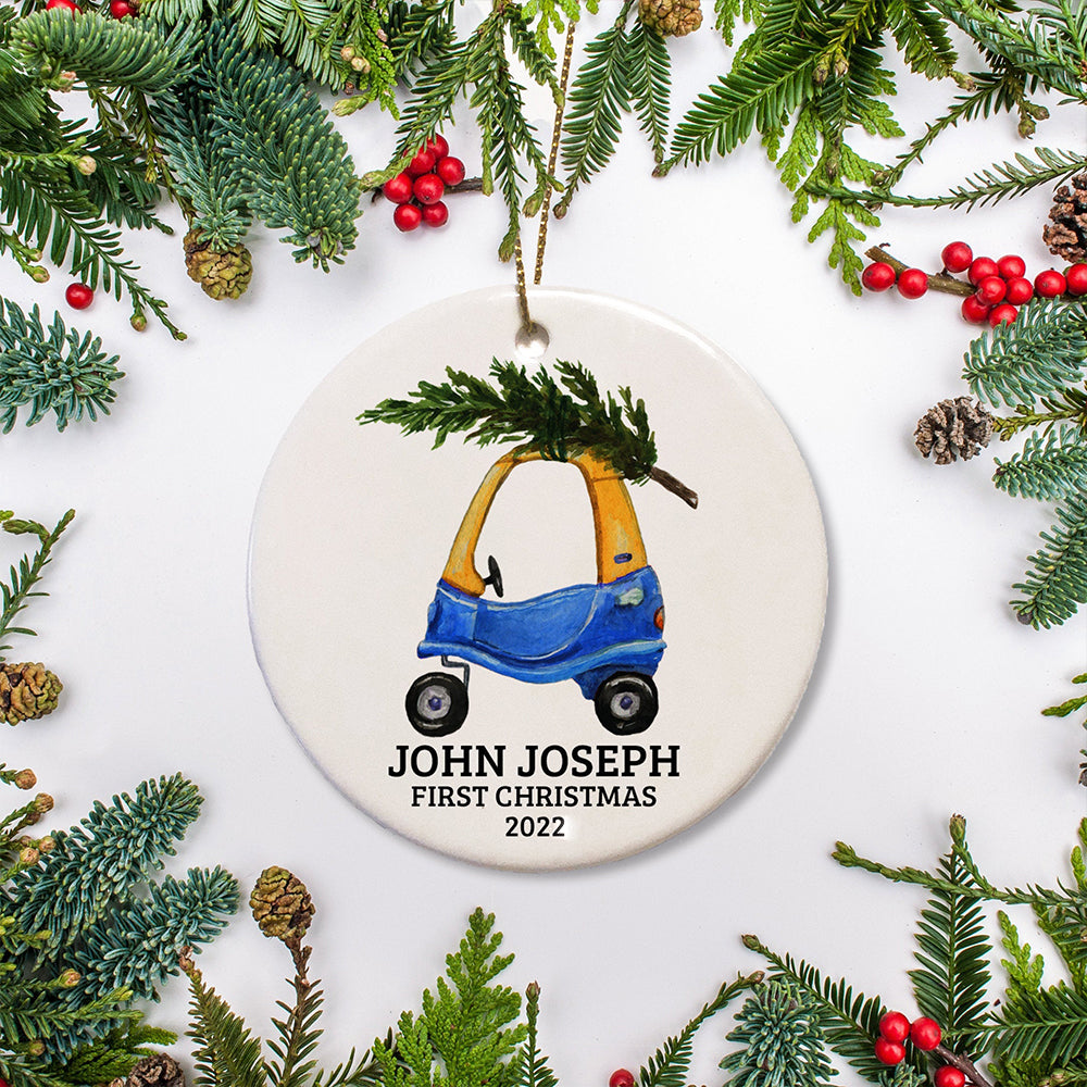 Personalized First Christmas Toy Car Circle Ornament