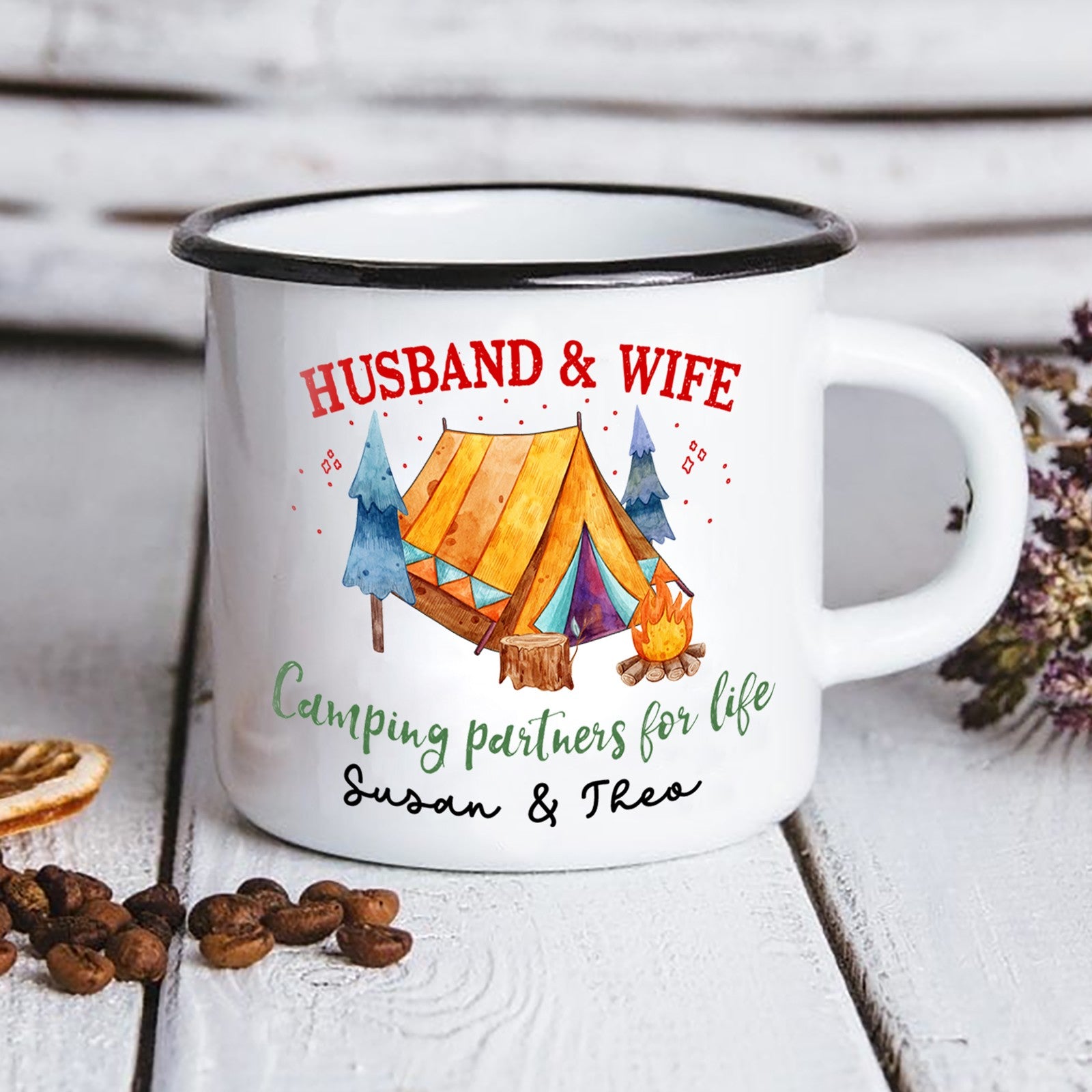 58244-Personalized Camper Mug, Christmas Gift For Couple, His And Hers, Accessories Camping, Outdoor Camping Decor, Camping Partners For Life H0