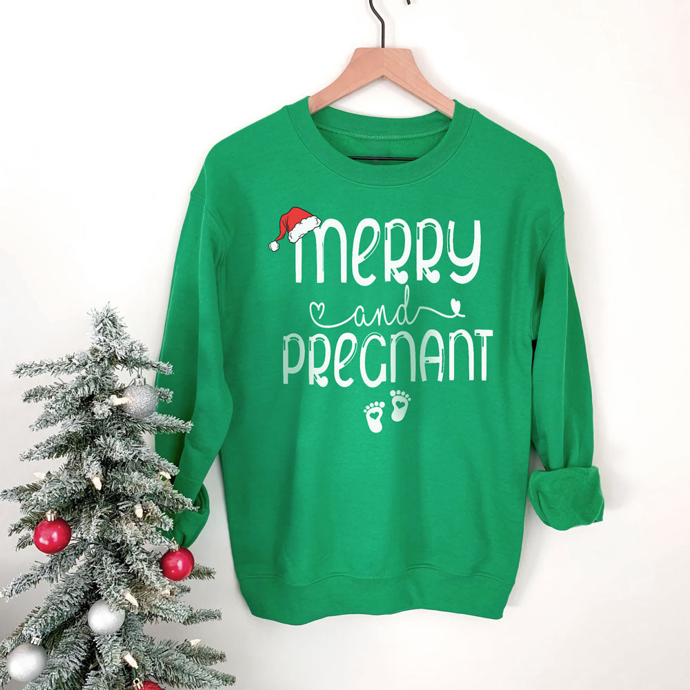 57228-Merry And Pregnant Sweatshirt Christmas Gift For Mom To Be H0
