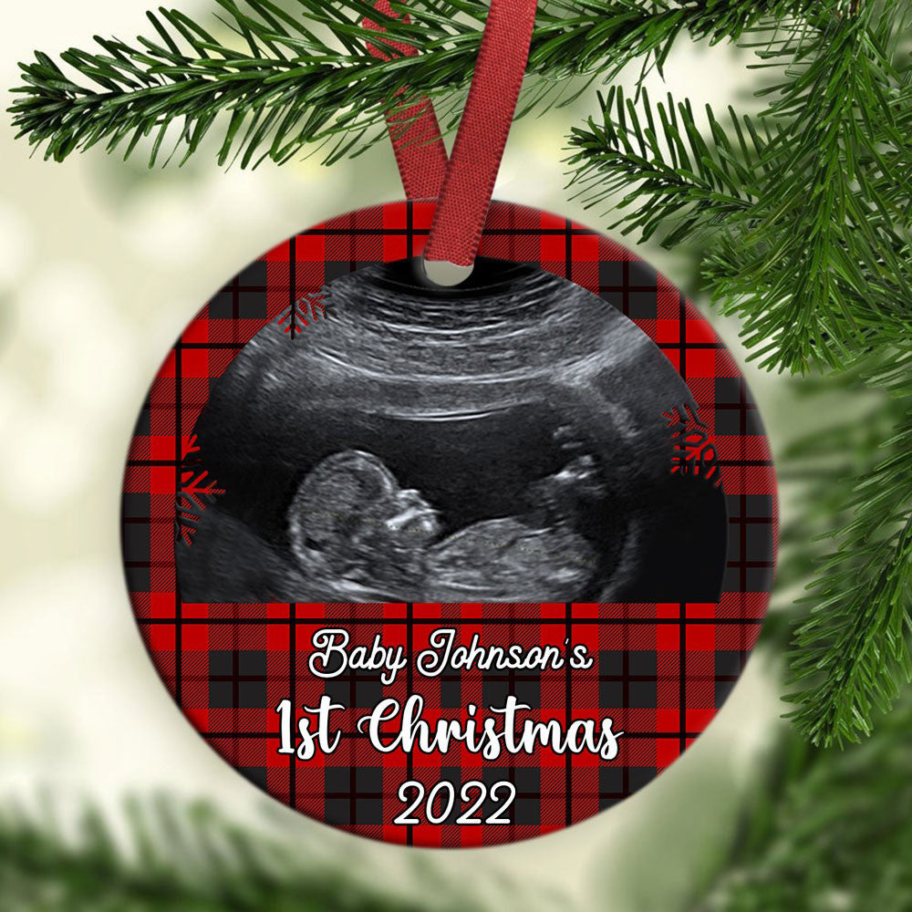 Personalized Ultrasound Image The Baby Bump's First Christmas 2021 Plaid Pattern Ornament Christmas Gift For Expecting Parents