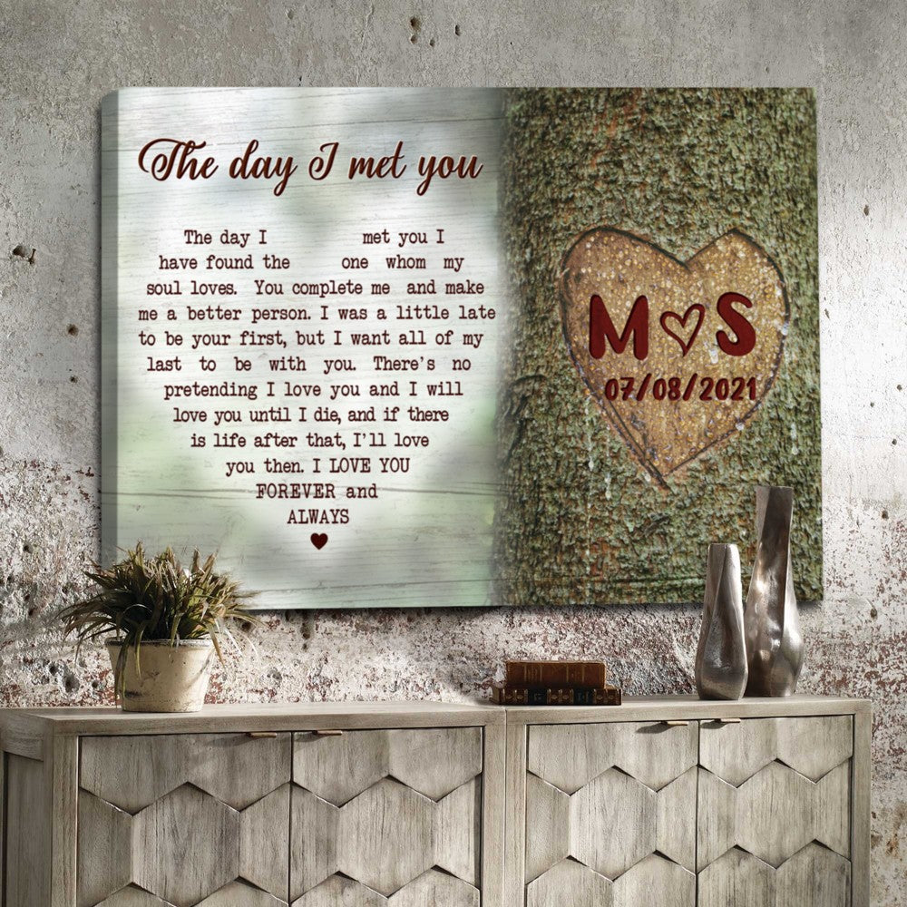 63191-Personalized Couple The Day I Met You Green Wood Trunk Heart Wrapped Canvas Gift For Her For Him H0