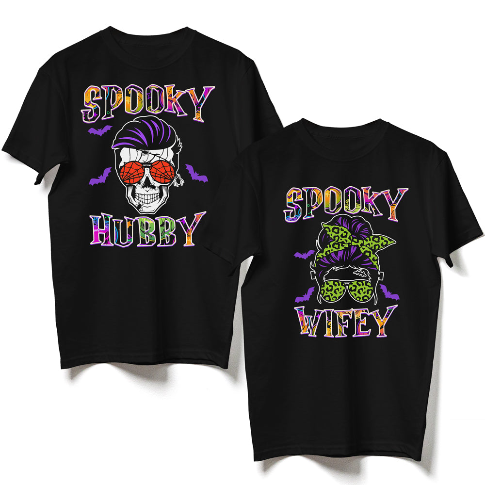 Halloween Couple Spooky Hubby Wifey Skull Funny Matching Shirt
