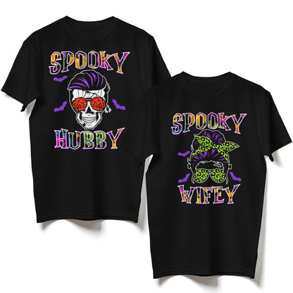Halloween Couple Spooky Hubby Wifey Skull Funny Matching Shirt