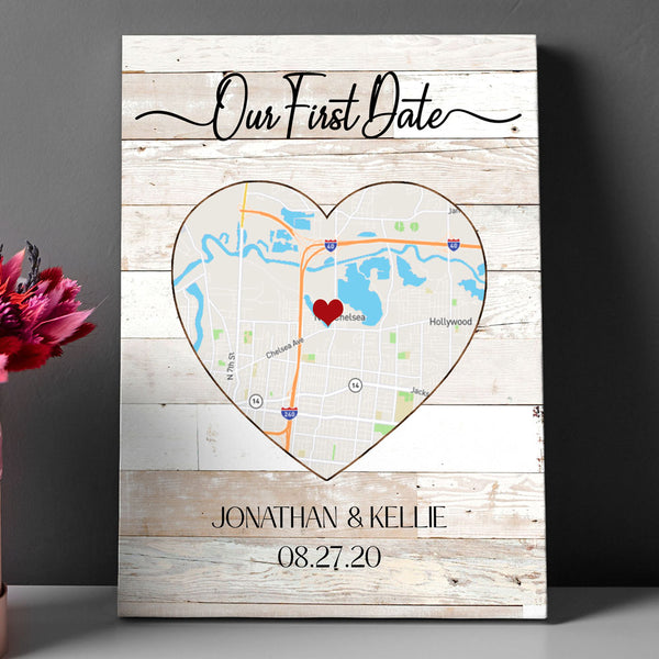 Personalized Our First Date Gift With Photo, 1st Anniversary Gift Ideas,  Present Map Location Canvas