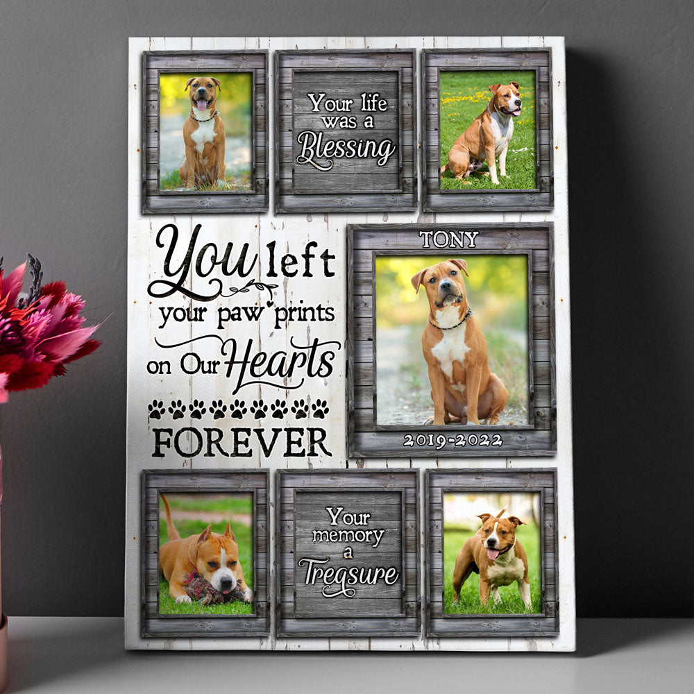 Pet Memorial Dog Cat Left Paw Prints On Heart Personalized Canvas