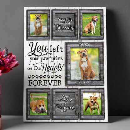 Pet Memorial Dog Cat Left Paw Prints On Heart Personalized Canvas