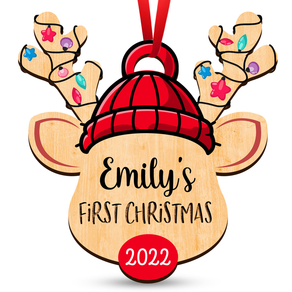 Reindeer Baby's 1st Christmas Wood Ornament Personalized Gift For Baby