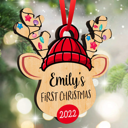 Reindeer Baby's 1st Christmas Wood Ornament Personalized Gift For Baby