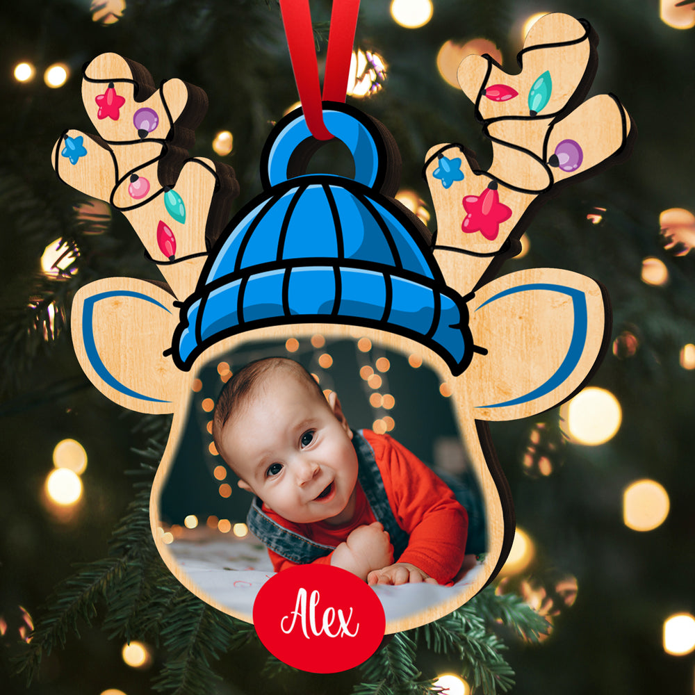 Cute Reindeer Baby Photo Wood Ornament Personalized Gift For Baby