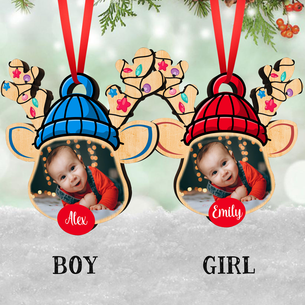 Cute Reindeer Baby Photo Wood Ornament Personalized Gift For Baby