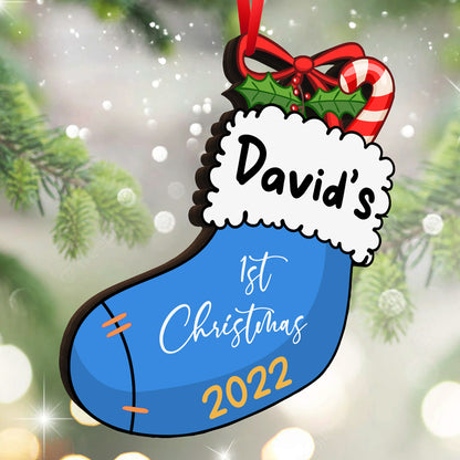 Baby's 1st Christmas Stocking Wood Ornament Personalized Gift For Baby