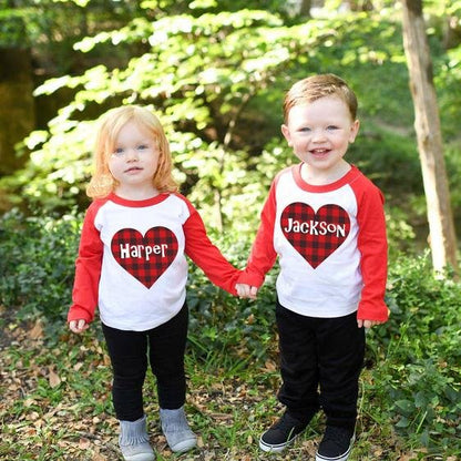 Personalized gifts for kids  Heart plaid custom name valentine raglan shirt