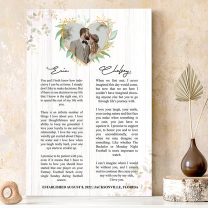 Wedding Vows Couple Canvas Personalized Photo Gift for Her For Him Husband Wife