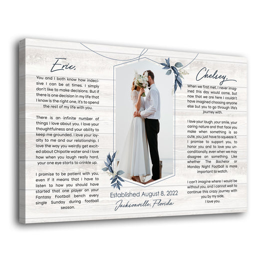 Wedding Vows Couple Canvas Personalized Photo Gift for Her For Him Husband Wife