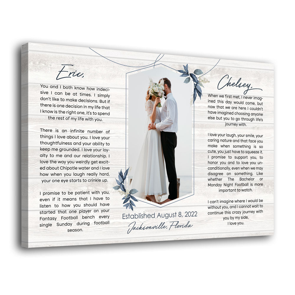 Wedding Vows Couple Canvas Personalized Photo Gift for Her For Him Husband Wife