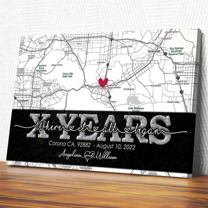 Where It All Began Couple Anniversary Map Street Personalized Canvas