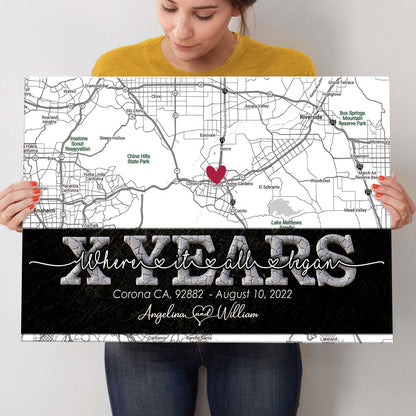Where It All Began Couple Anniversary Map Street Personalized Canvas
