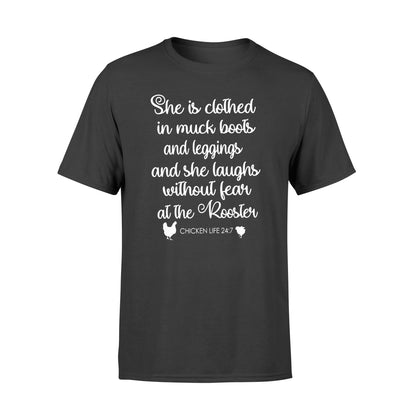 She is clothed in muck boots and leggings and she laughs without fear tshirt  gifts for farmer