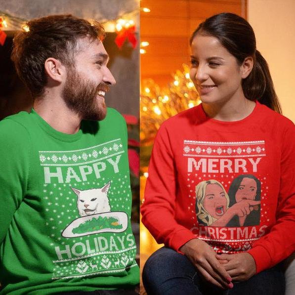 Woman Yelling At a Cat Funny Christmas Sweatshirt Gift For Couple