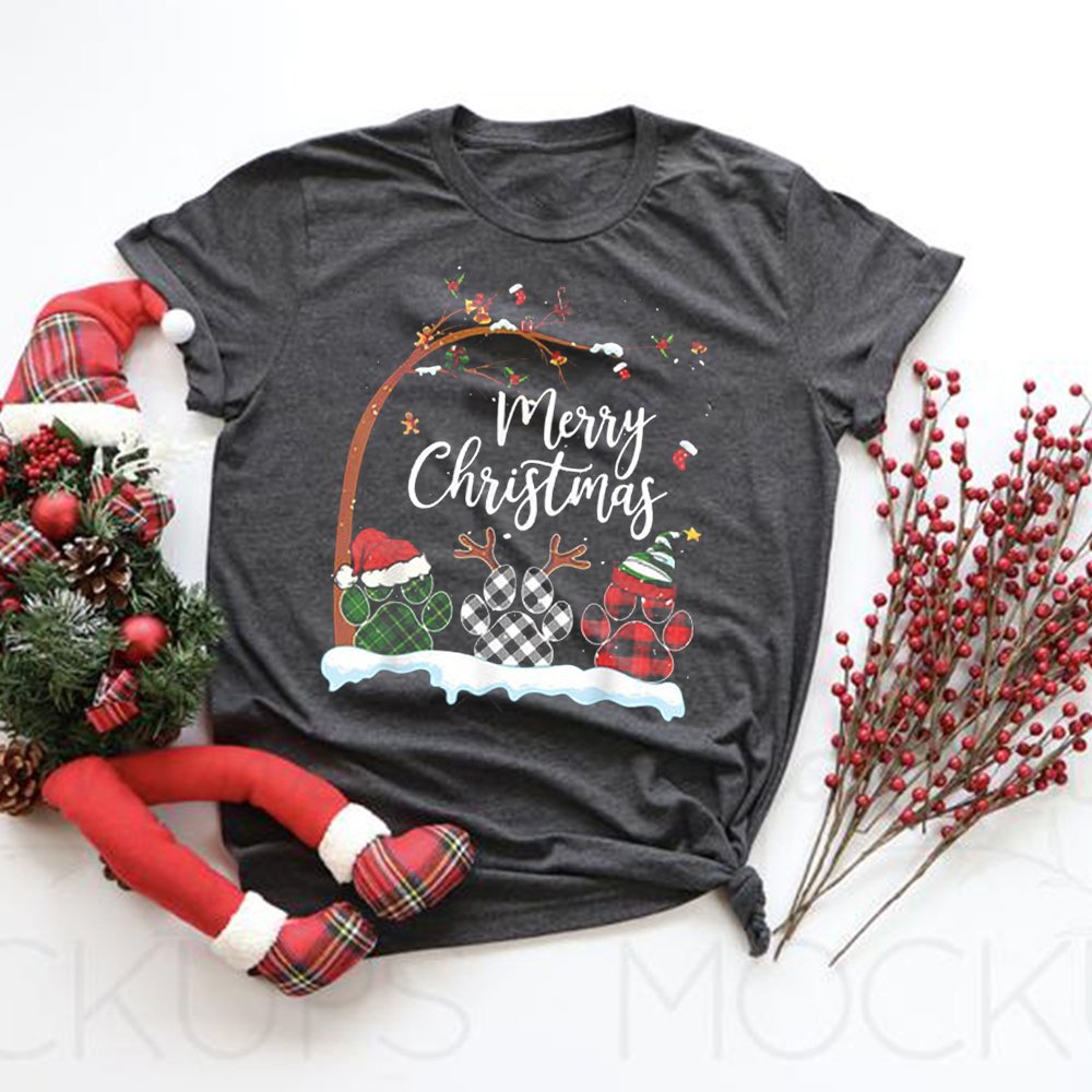 Plaid Paw Dog Footprint Merry Christmas Sweatshirt And Shirt